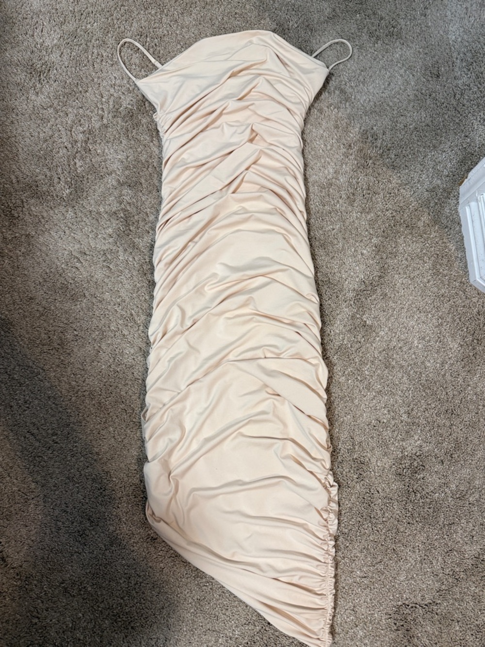 Oh Polly Ruched Strappy Midi Dress in Nude